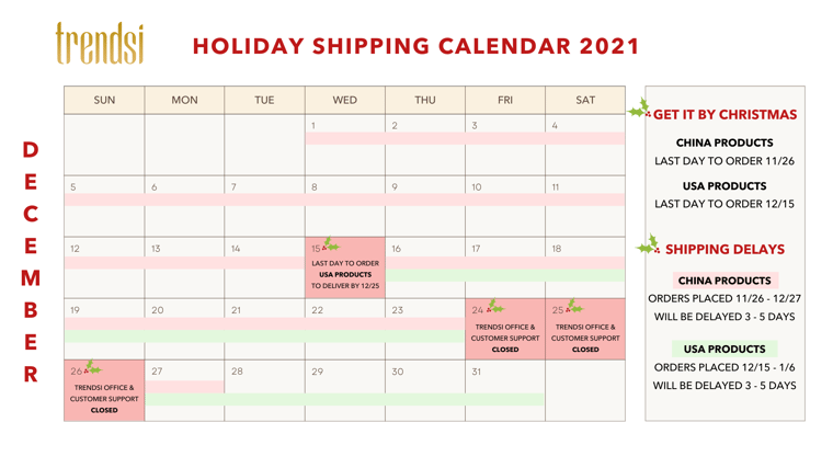 Holiday Shipping Calendar 2021